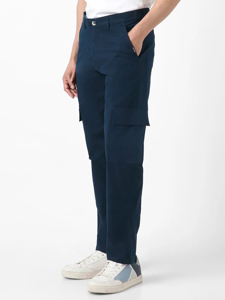 Men's Navy Regular Fit Solid Cargo Chino Pant with 6 Pockets Stretchable — photo 2