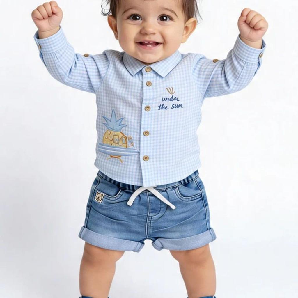 HOP Baby Boys Light Blue Washed Regular Fit Denim Shorts