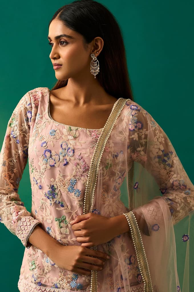 Pink Floral Embroidered Straight Kurta with Culotte and Dupatta Set — photo 2