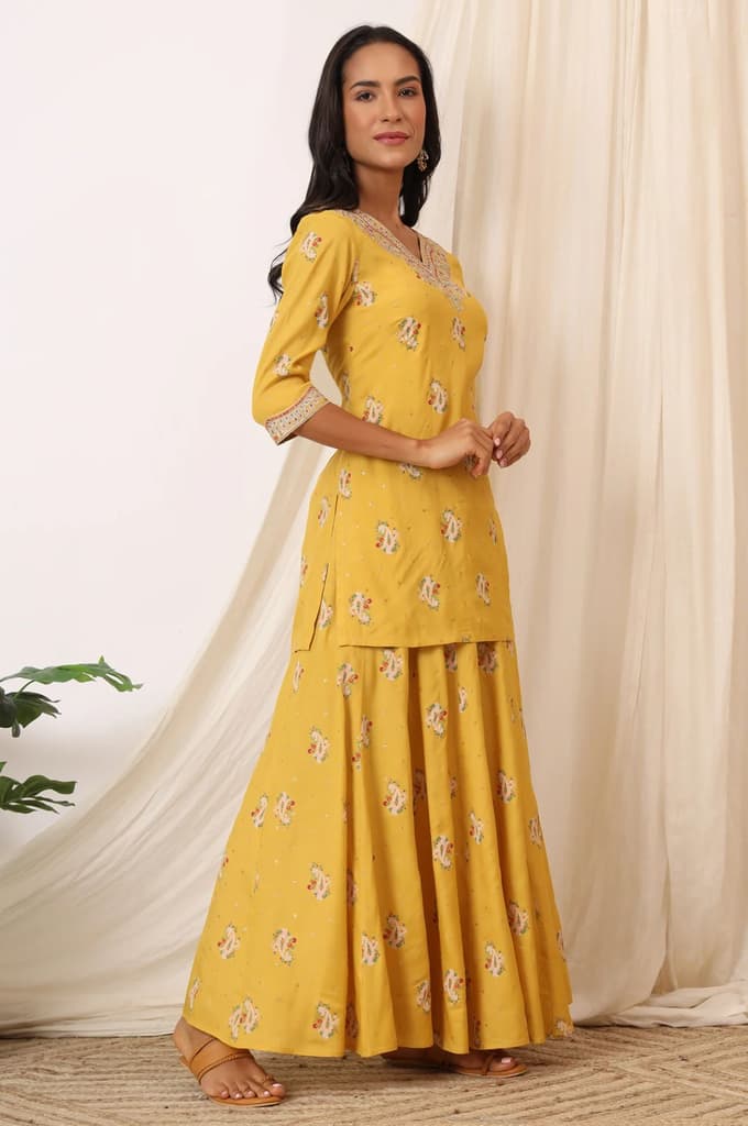 Mustard Yellow Printed Short Shantung Kurti, Culottes and Dupatta Set — photo 7