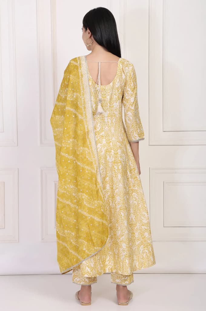 Yellow Paisley Printed Embellished Anarkali Kurta with Straight Pant and Dupatta Set — photo 5