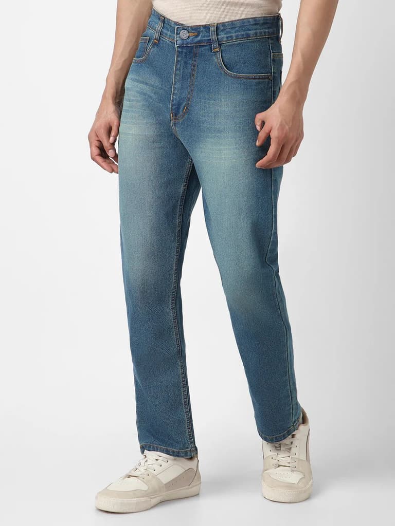 Men's Light Blue Straight Fit Washed Jeans Stretchable — photo 2