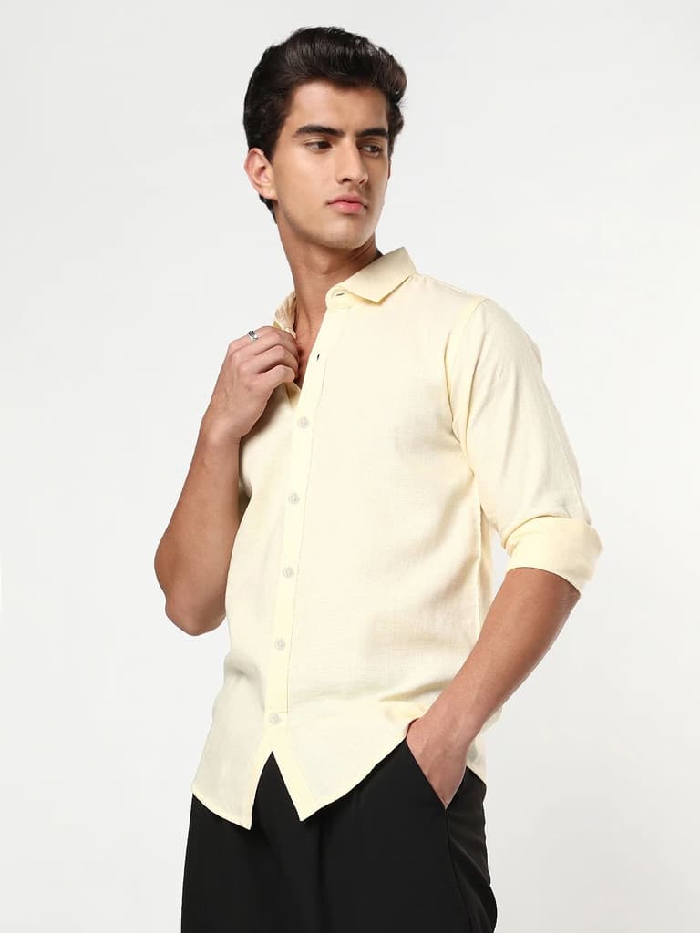 Men's Tender Yellow Linen Blend Full Sleeve Relaxed Fit Casual Solid Shirt — photo 2