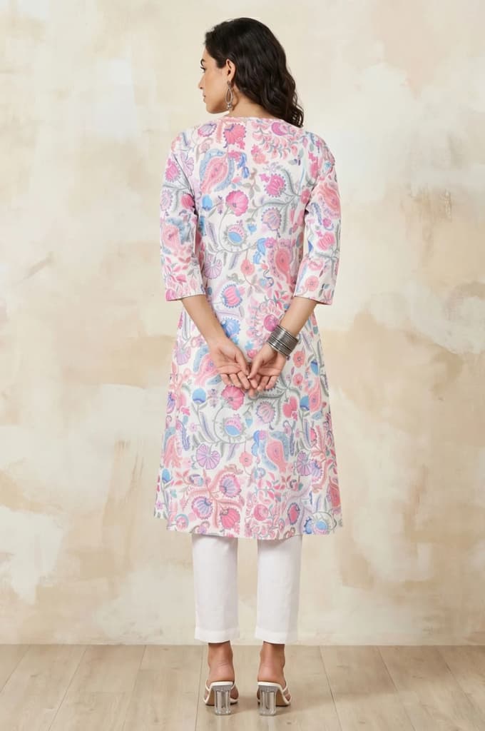 White Floral Printed Pure Cotton Straight Kurta — photo 5
