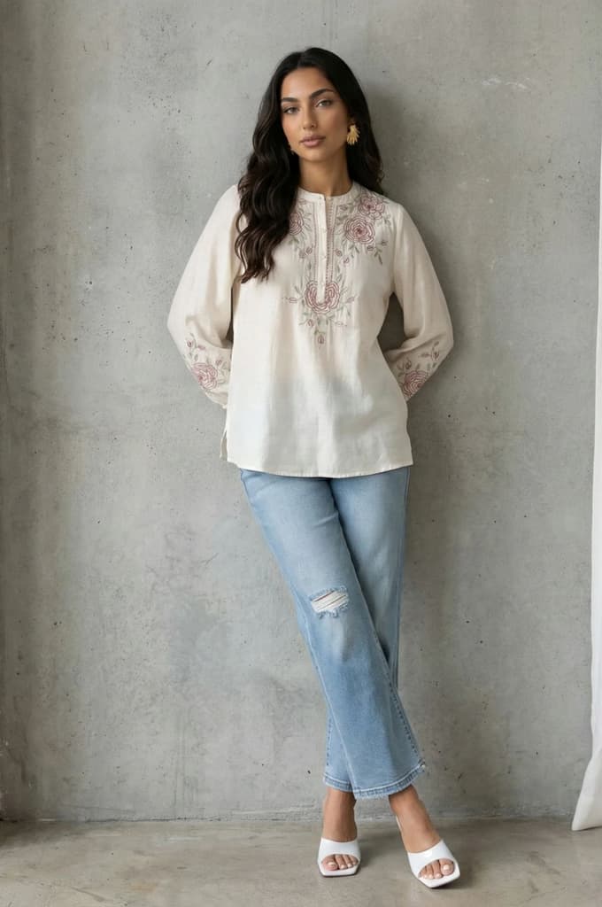 Off White Thread Embroidered New Cotton Silk A-line Top — photo 2