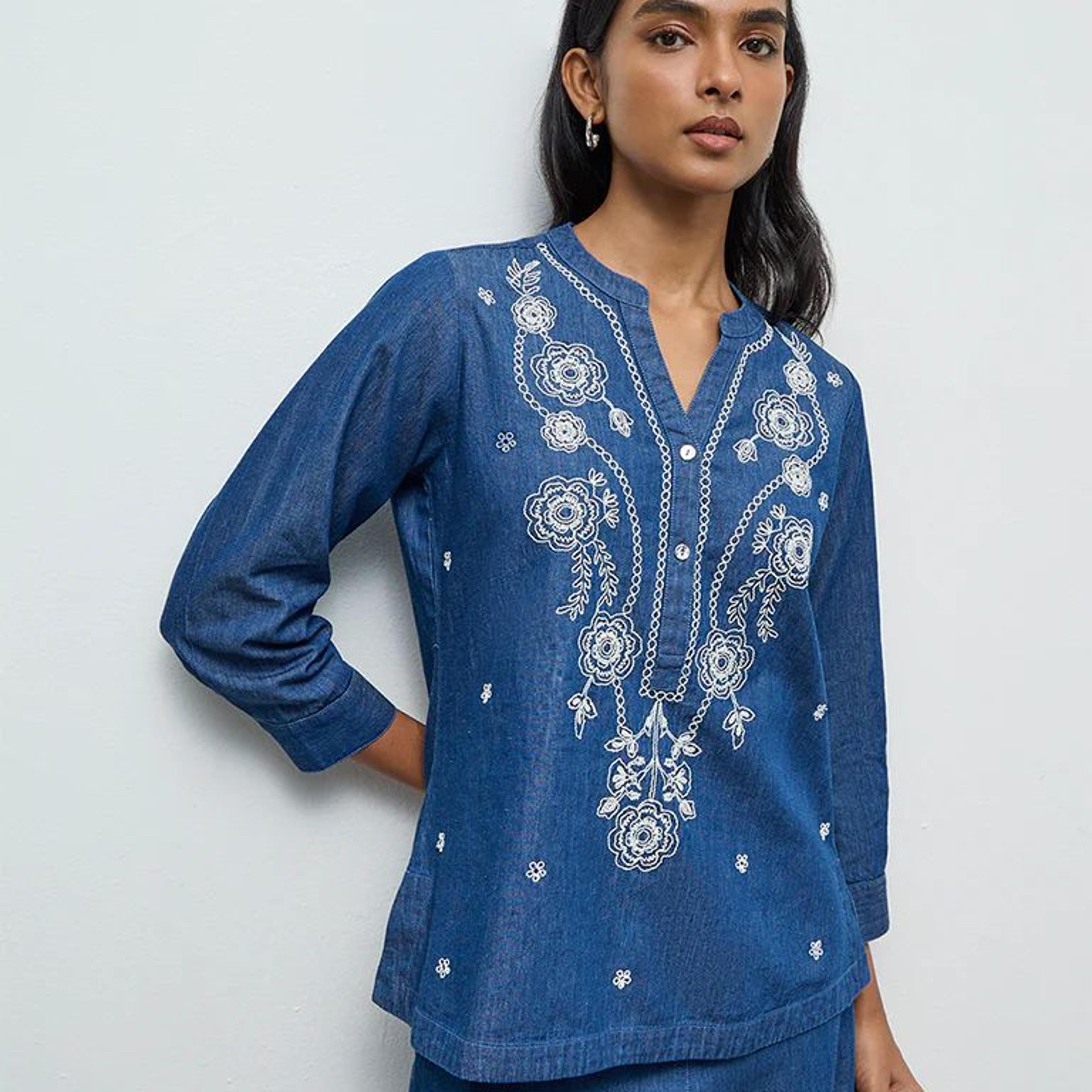 Utsa Blue Floral Embroidered Denim Tunic