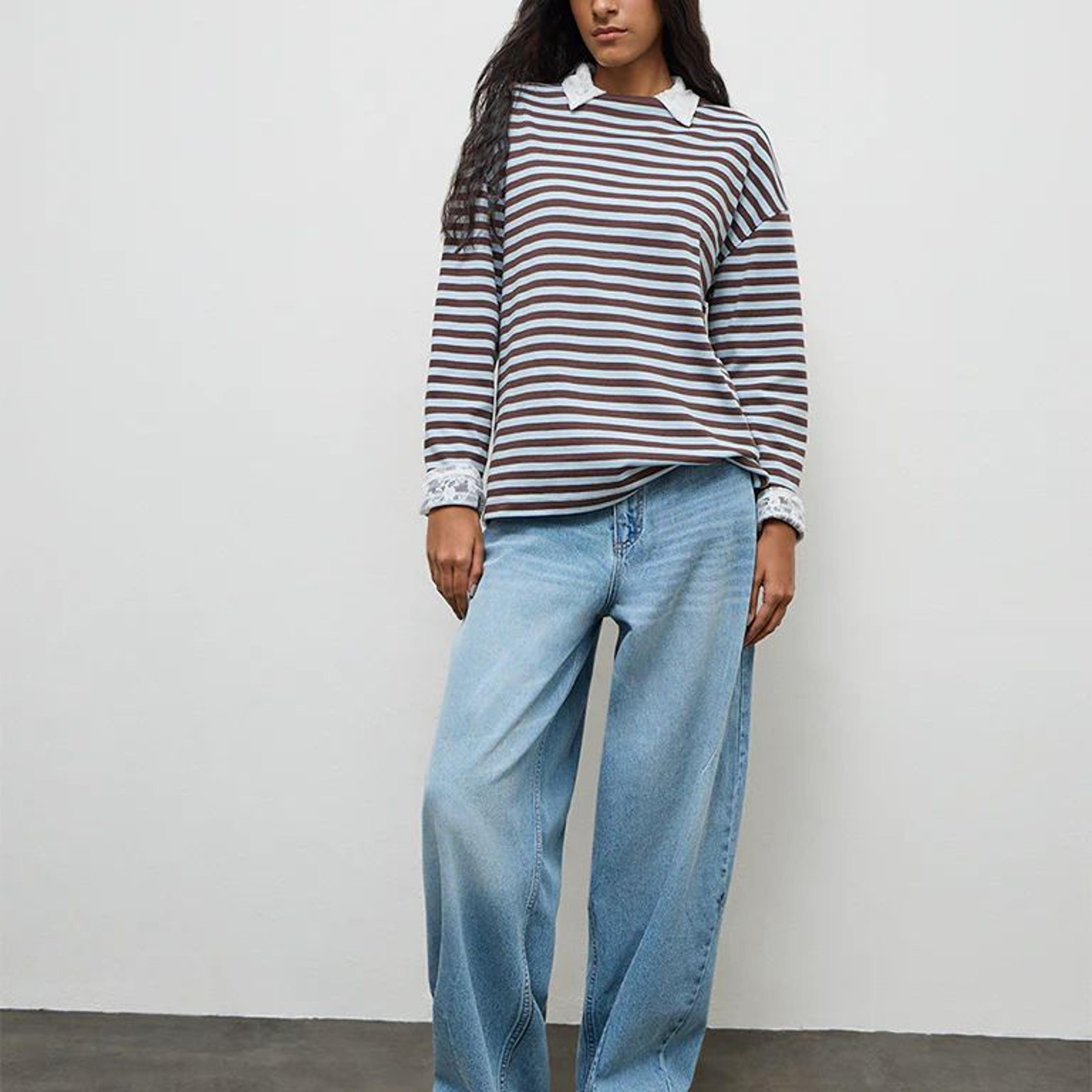 Nuon Blue Stripe Pattern Cotton T-Shirt