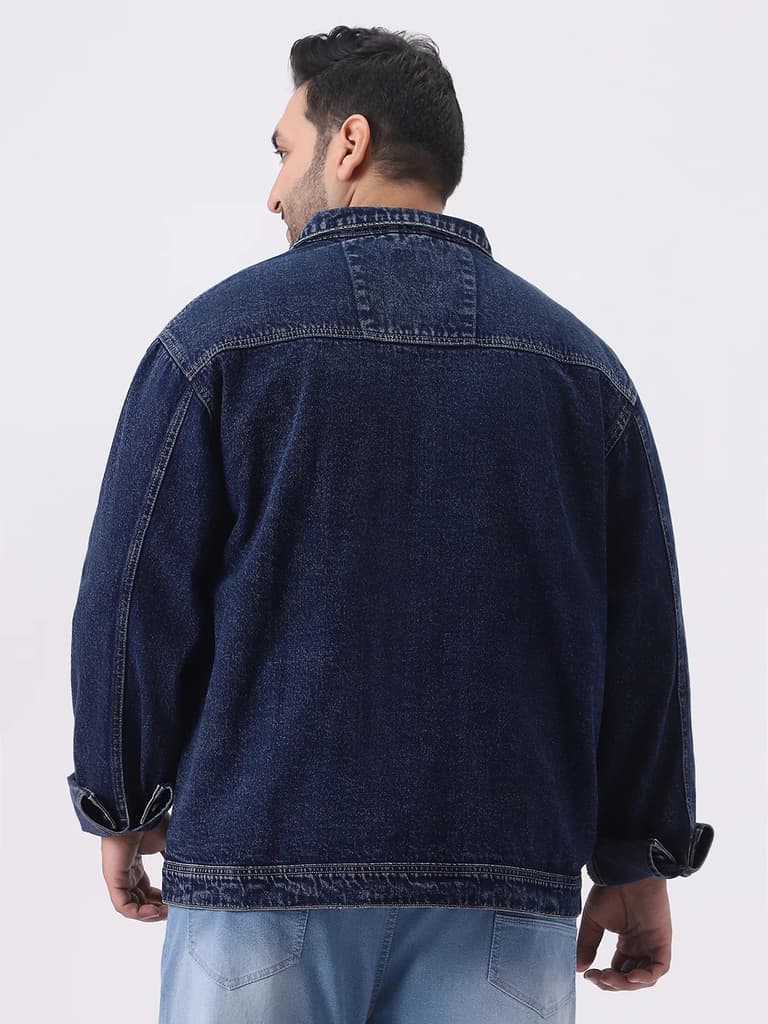 Plus Men's Dark Blue Relaxed Fit Full Sleeve Utility Denim Jacket — photo 4