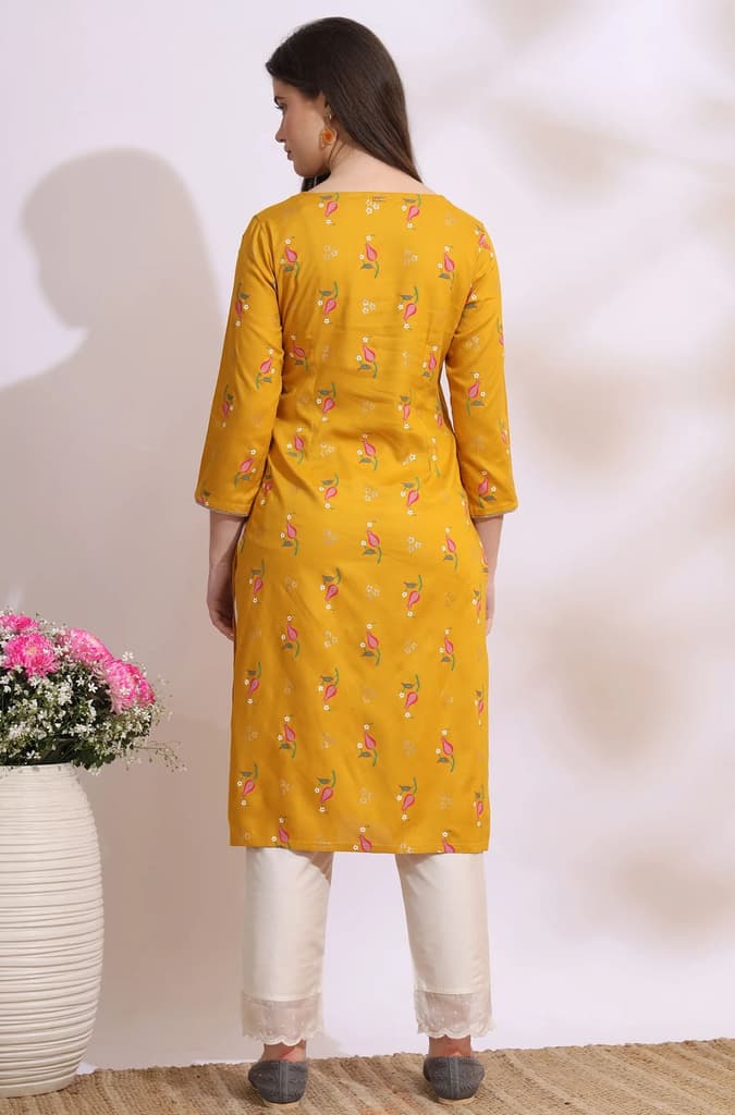 Deep Yellow Floral Printed Rayon Straight Kurta with Embroidered Neck — photo 6