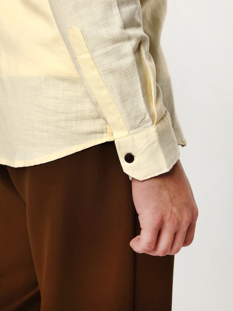 Men's Tender Yellow Linen Blend Full Sleeve Relaxed Fit Mandarin Collar Casual Solid Shirt — photo 5