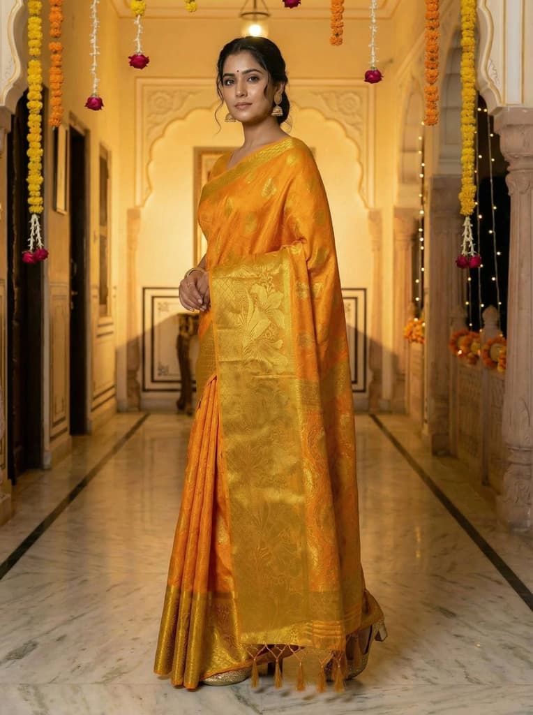 MIMOSA Women's Woven Design Kanjivaram Style Art Silk Saree with Blouse Piece - Gold ( SA00003143GDFREE ) — photo 3