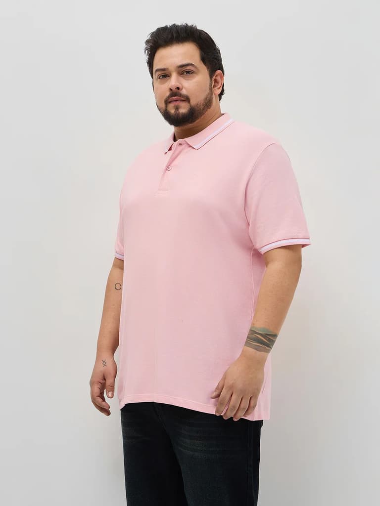 Plus Men's Dusty Pink Solid Regular Fit Half Sleeve Cotton Polo T-Shirt — photo 2