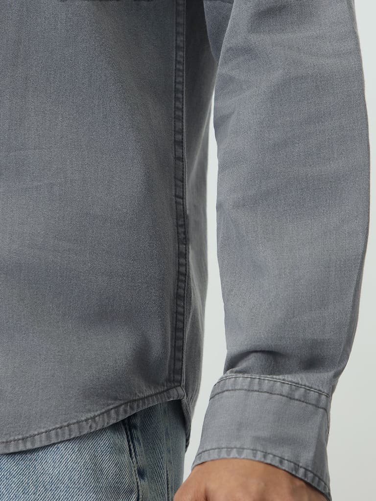 Men's Ice Grey Regular Fit Full Sleeve Solid Denim Shirt — photo 6