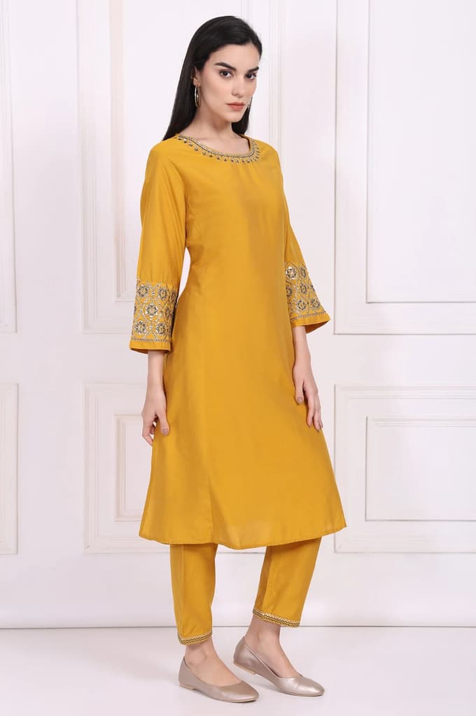 Yellow Embroidered A-Line Rayon Kurta with Straight Pant — photo 6