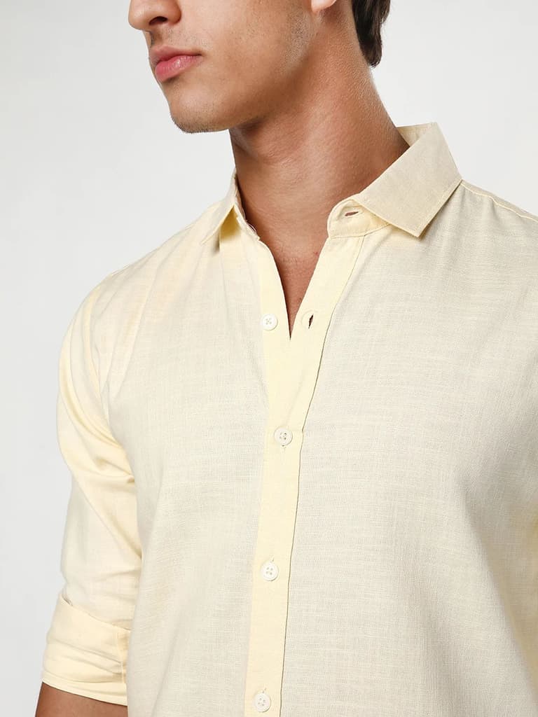 Men's Tender Yellow Linen Blend Full Sleeve Relaxed Fit Casual Solid Shirt — photo 6