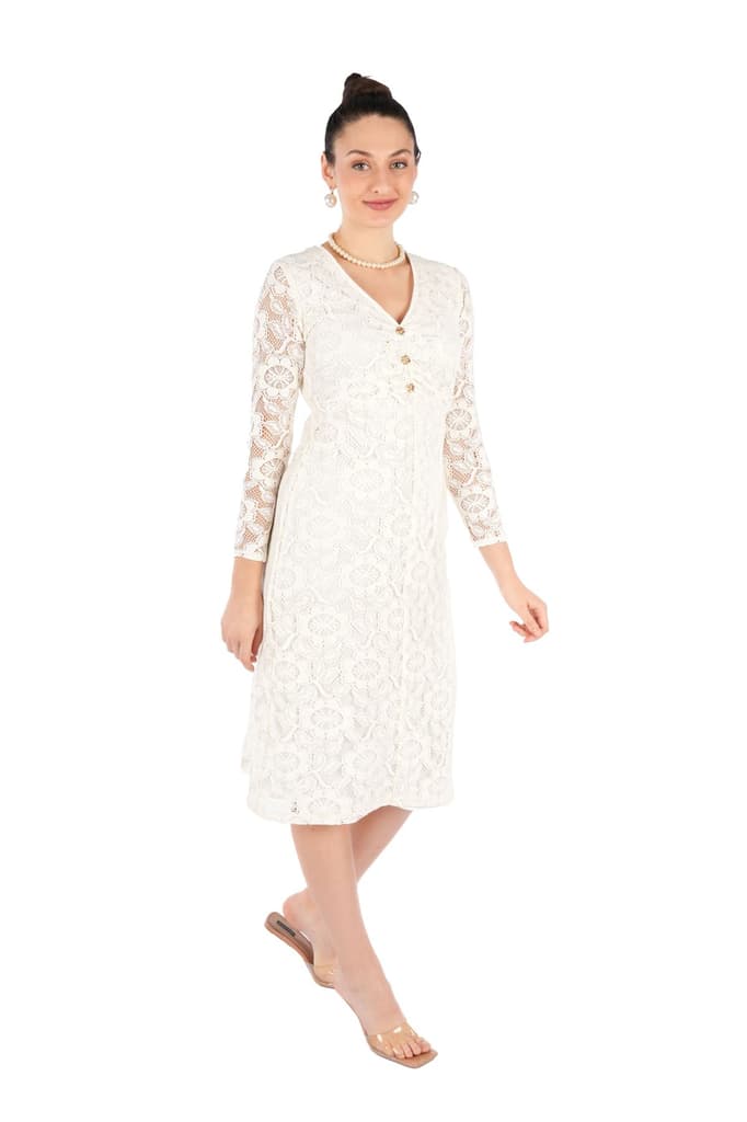 Leyna Off White Floral Cotton Nylon Fitted V-Neck Full Sleeve Top — photo 3