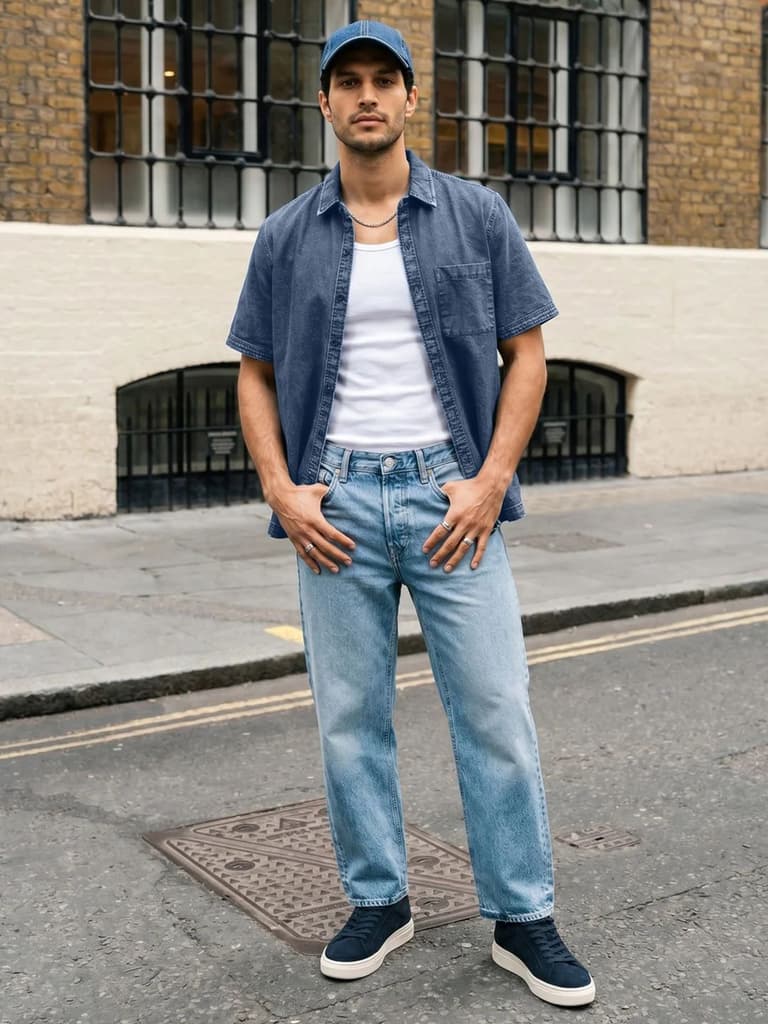 Men's Blue Oversized Fit Half Sleeve Solid Casual Denim Shirt — photo 4