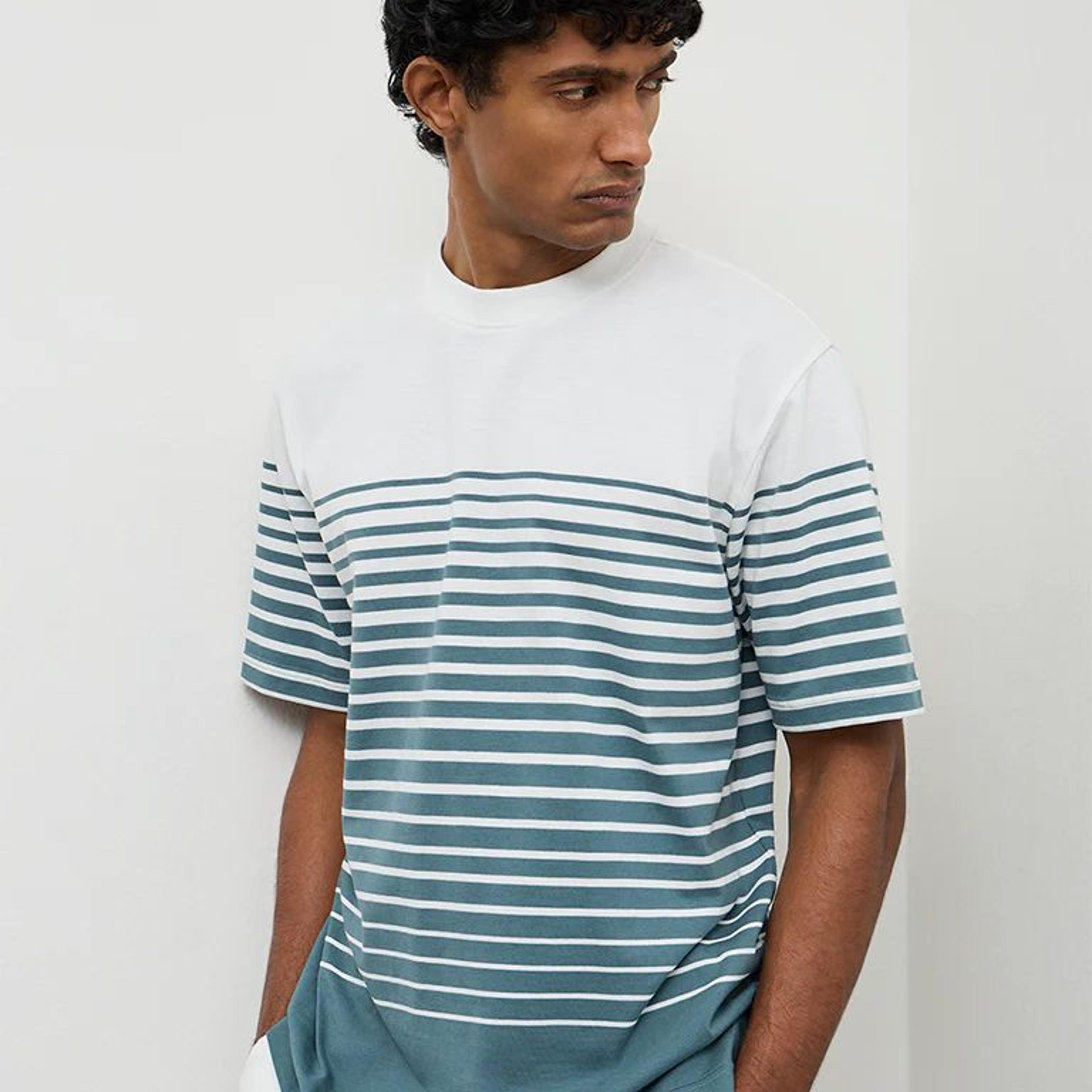 WES Lounge Teal Striped Relaxed-Fit Cotton T-Shirt