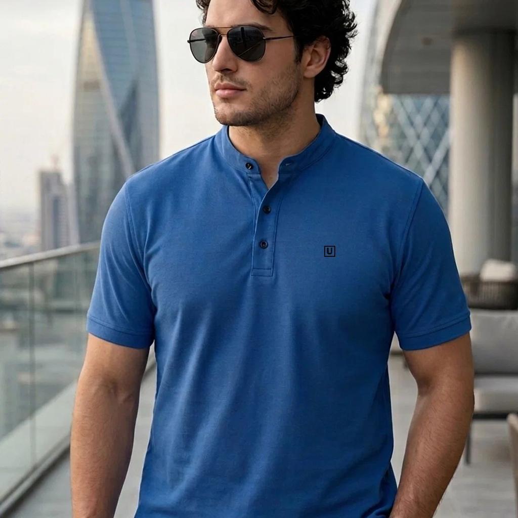 Plus Men's Royal Blue Solid Mandarin Collar Regular Fit Cotton T-Shirt