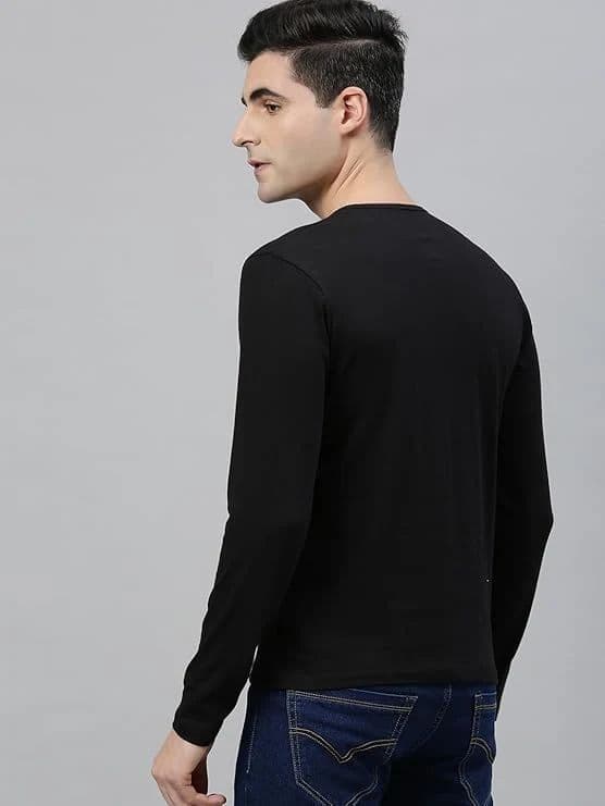 Men's Black Solid Henley Neck Slim Fit Cotton T-Shirt — photo 3