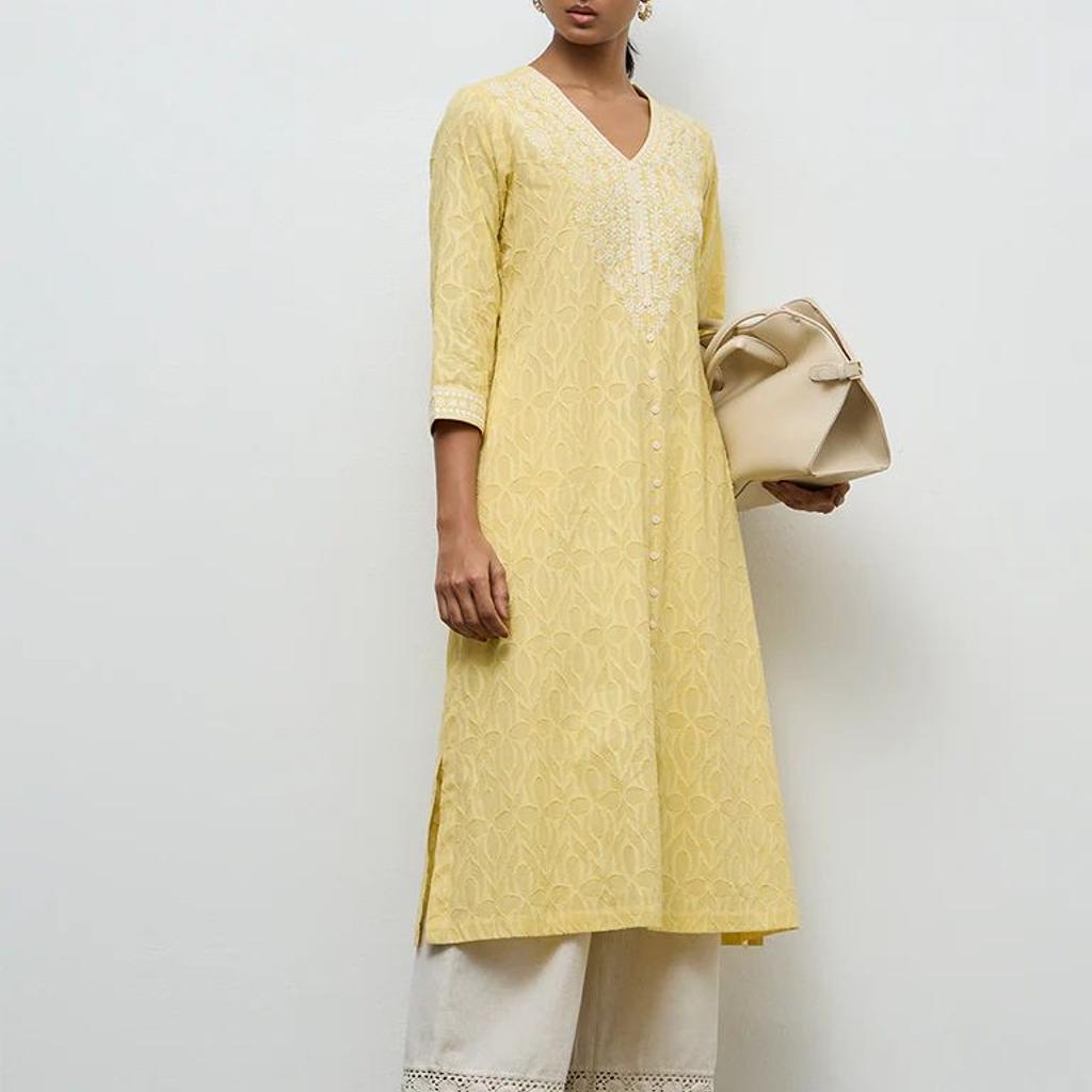 Utsa Yellow Floral Embroidered A-Line Cotton Kurta