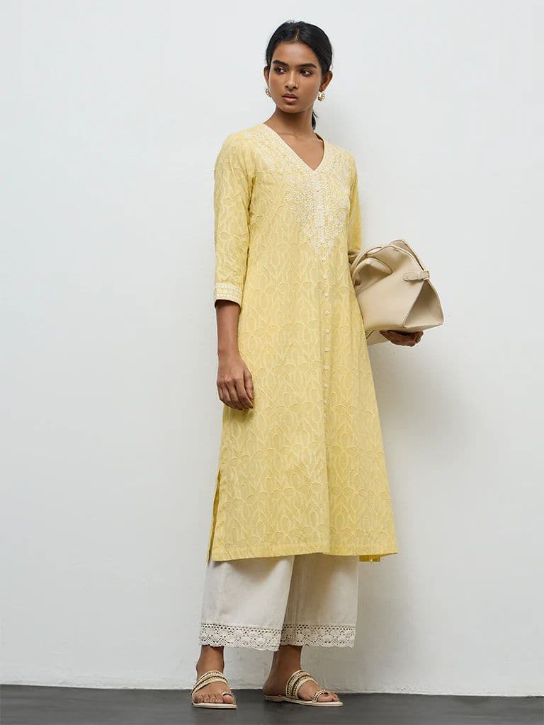 Utsa Yellow Floral Embroidered A-Line Cotton Kurta