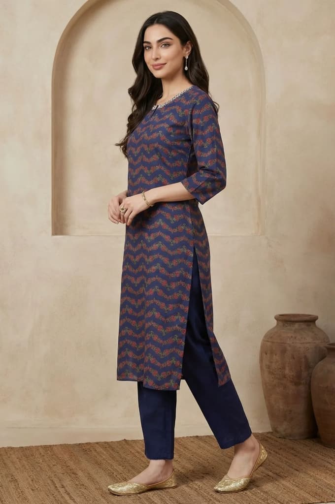 Navy Blue Chevron Beadwork Straight Kurta — photo 4