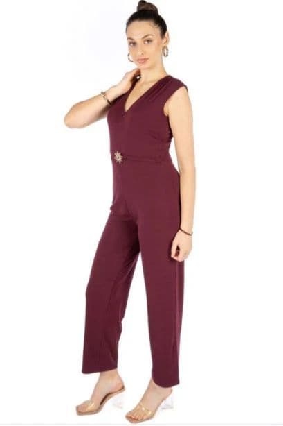 Women Maroon Solid Party Wear Sleeveless Regular Fit Jumpsuit — photo 4