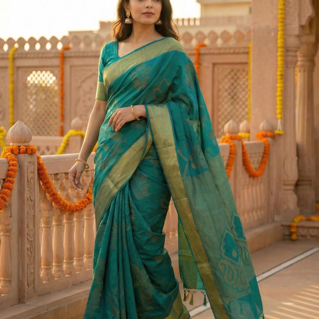 MIMOSA Women's Woven Design Mysore Silk Style Crepe Saree with Blouse Piece - Rama ( SA00003135RMFREE )