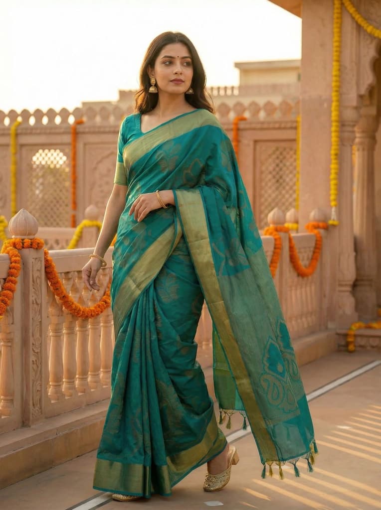 MIMOSA Women's Woven Design Mysore Silk Style Crepe Saree with Blouse Piece - Rama ( SA00003135RMFREE ) — Default Title