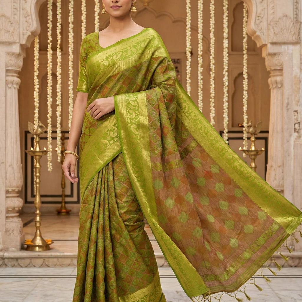 MIMOSA Women's Woven Design Patola Style Raw Silk Saree with Blouse Piece - Olive ( SA00003140OLFREE )