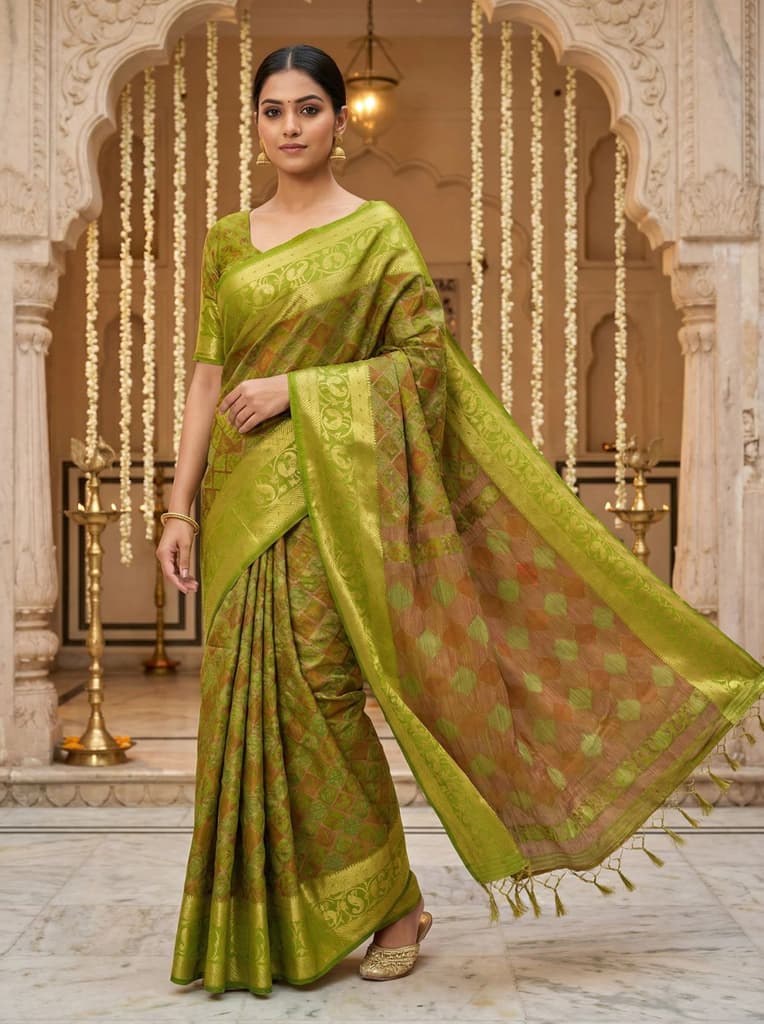 MIMOSA Women's Woven Design Patola Style Raw Silk Saree with Blouse Piece - Olive ( SA00003140OLFREE ) — Default Title