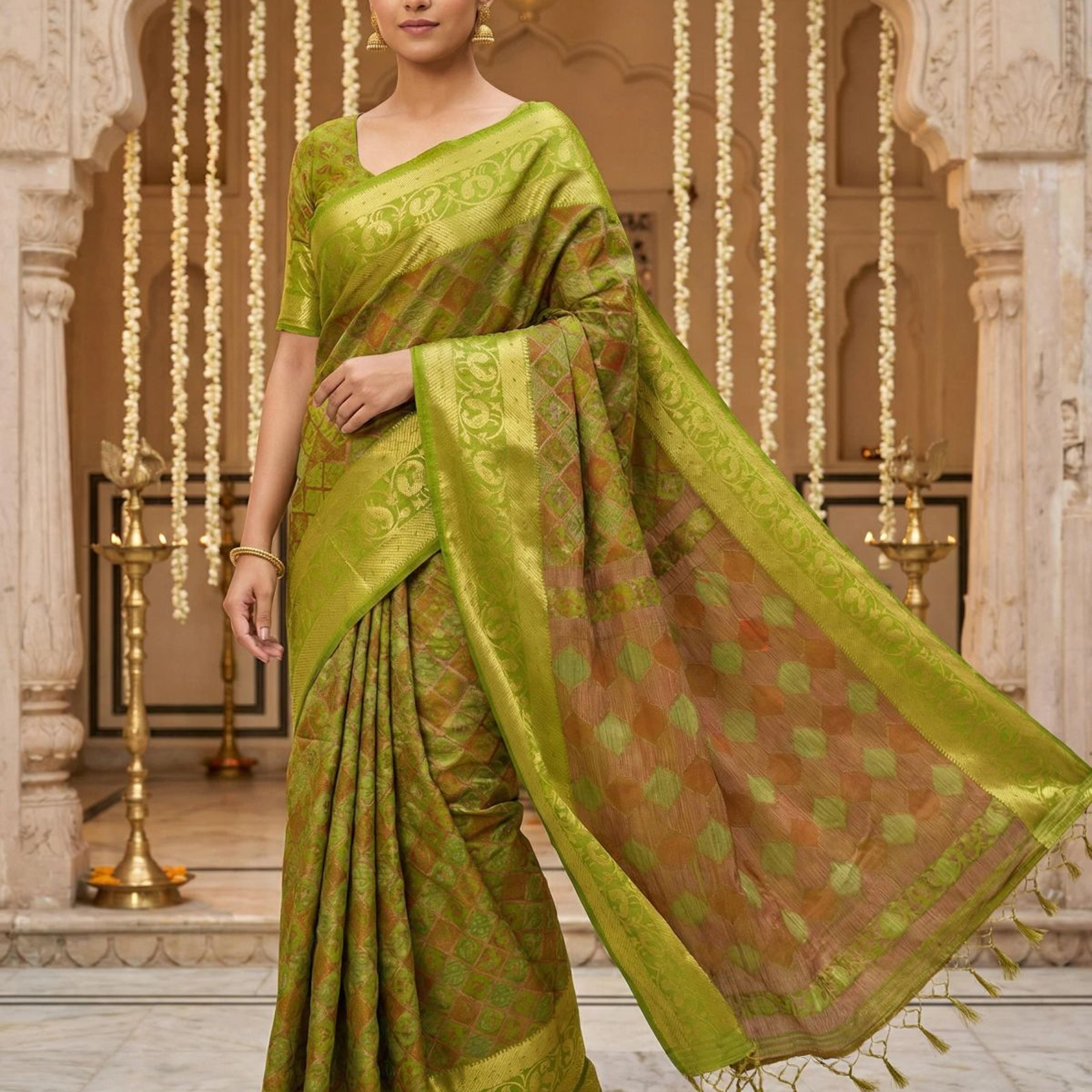 MIMOSA Women's Woven Design Patola Style Raw Silk Saree with Blouse Piece - Olive ( SA00003140OLFREE )