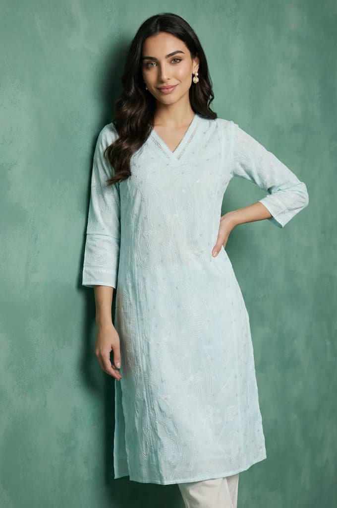 Light Blue Chikankari Embroidered Kota Straight Kurta — XS