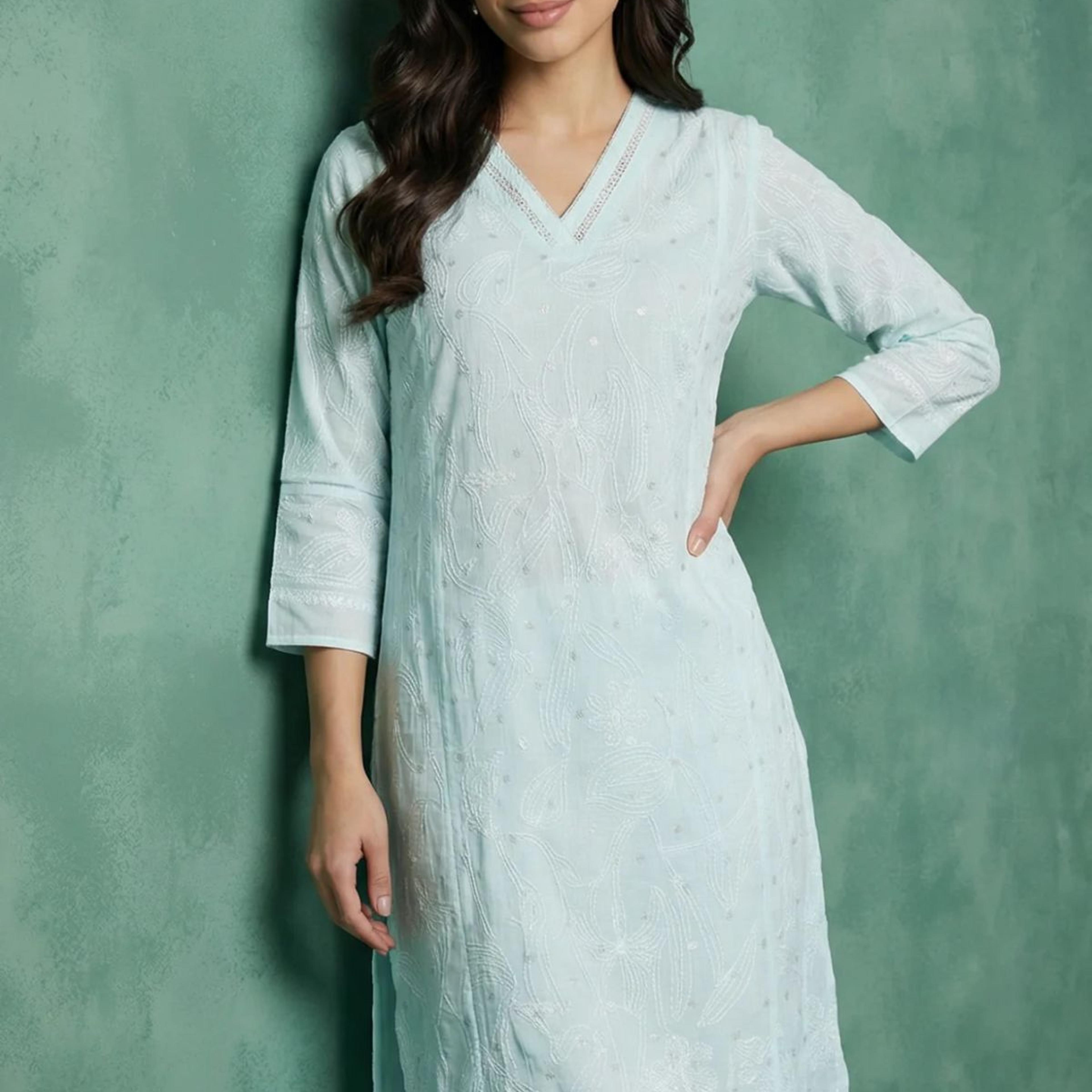 Light Blue Chikankari Embroidered Kota Straight Kurta