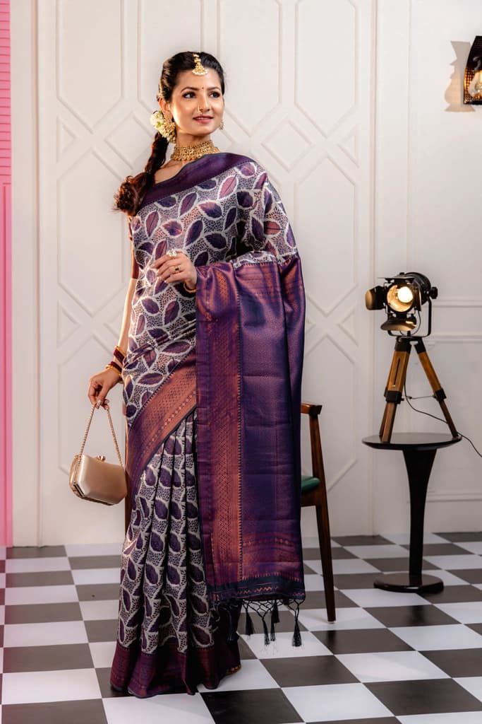 Mimosa Women's Woven Design Kanjivaram Style Art Silk Saree With Blouse Piece : SA00001776GYFREE — Grey