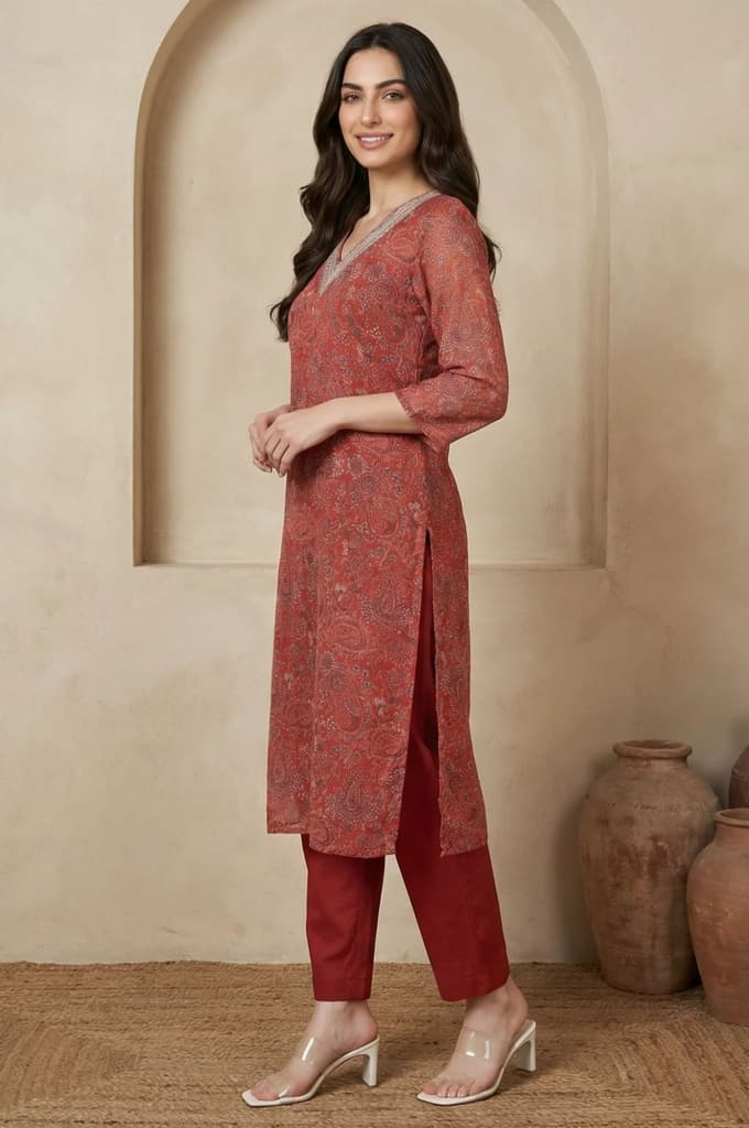 Rust Paisley Printed Straight Chiffon Kurta with Embroidered Neck — photo 4