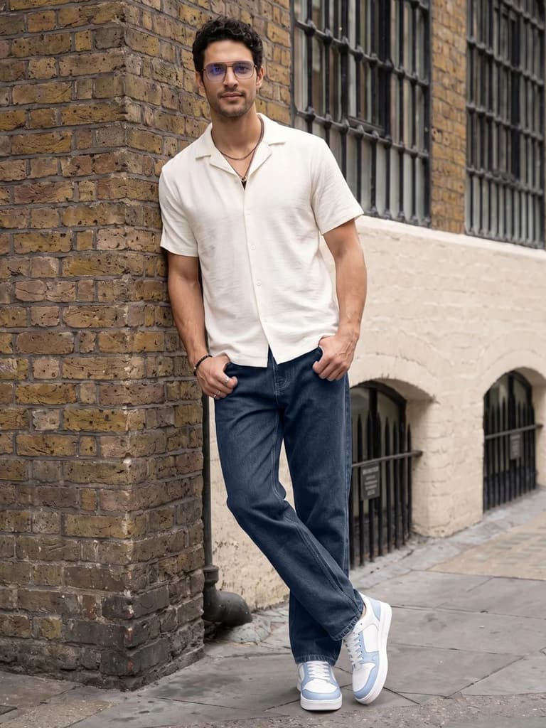 Men's Dark Blue Relaxed Fit Washed Denim Jeans Non-Stretchable — photo 4