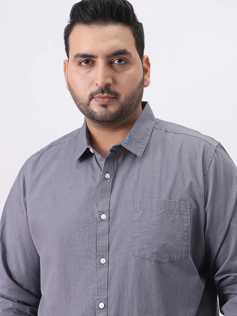Plus Men's Grey Cotton Full Sleeve Regular Fit Casual Solid Slub Shirt with Spread Collar — photo 5