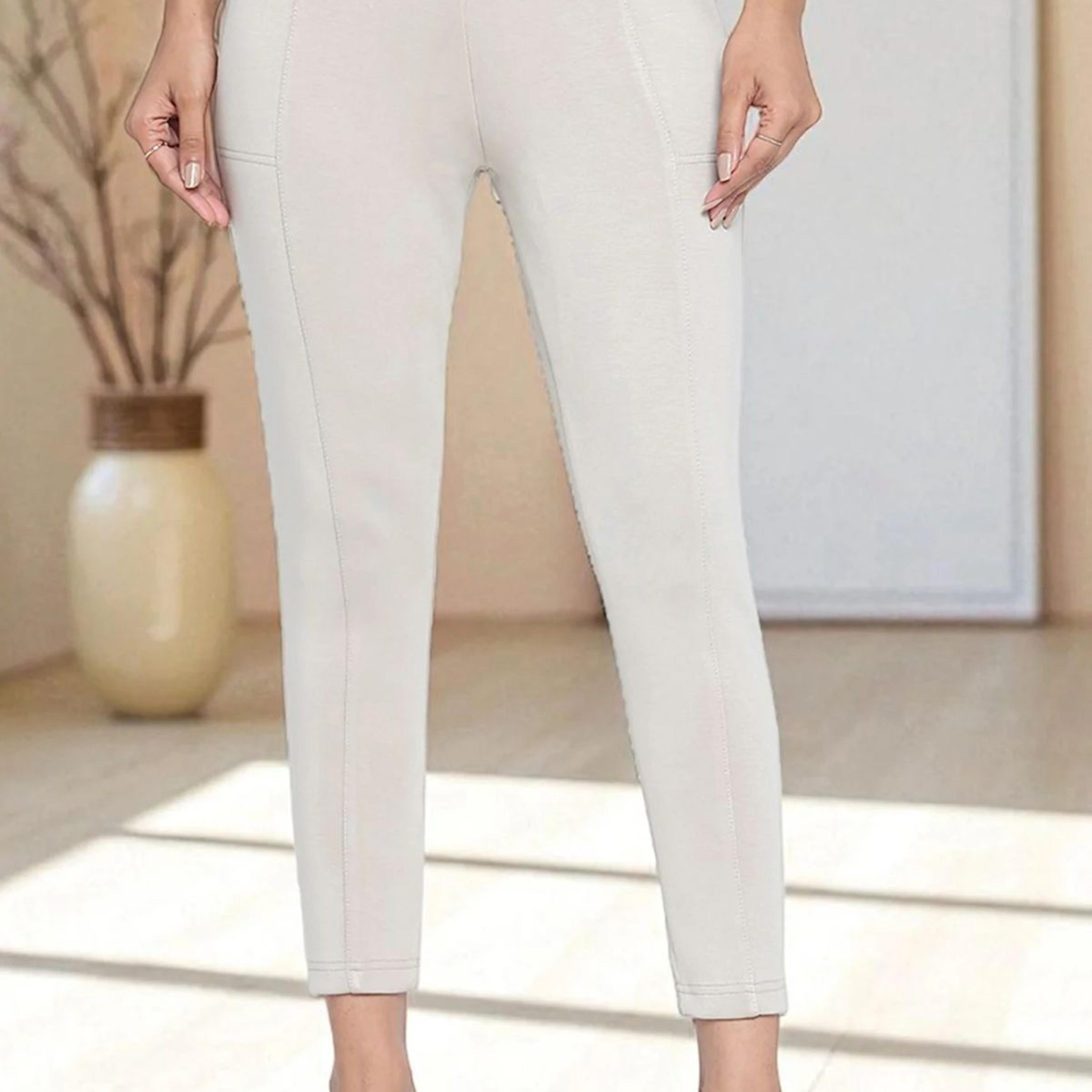 Tan Solid Mid Rise Tights in Calf Length