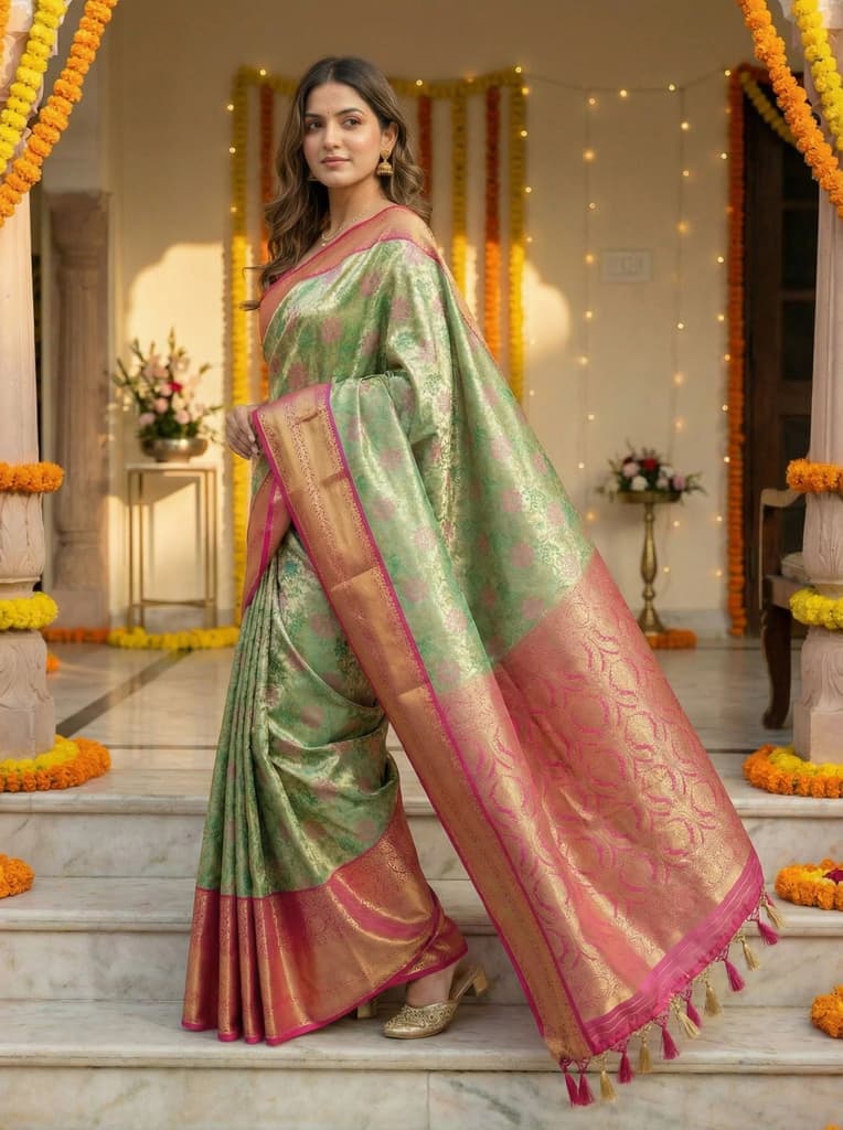 MIMOSA Women's Woven Design Kanjivaram Style Tissue Art Silk Saree with Blouse Piece - Green ( SA00002922GRNFREE ) — photo 4