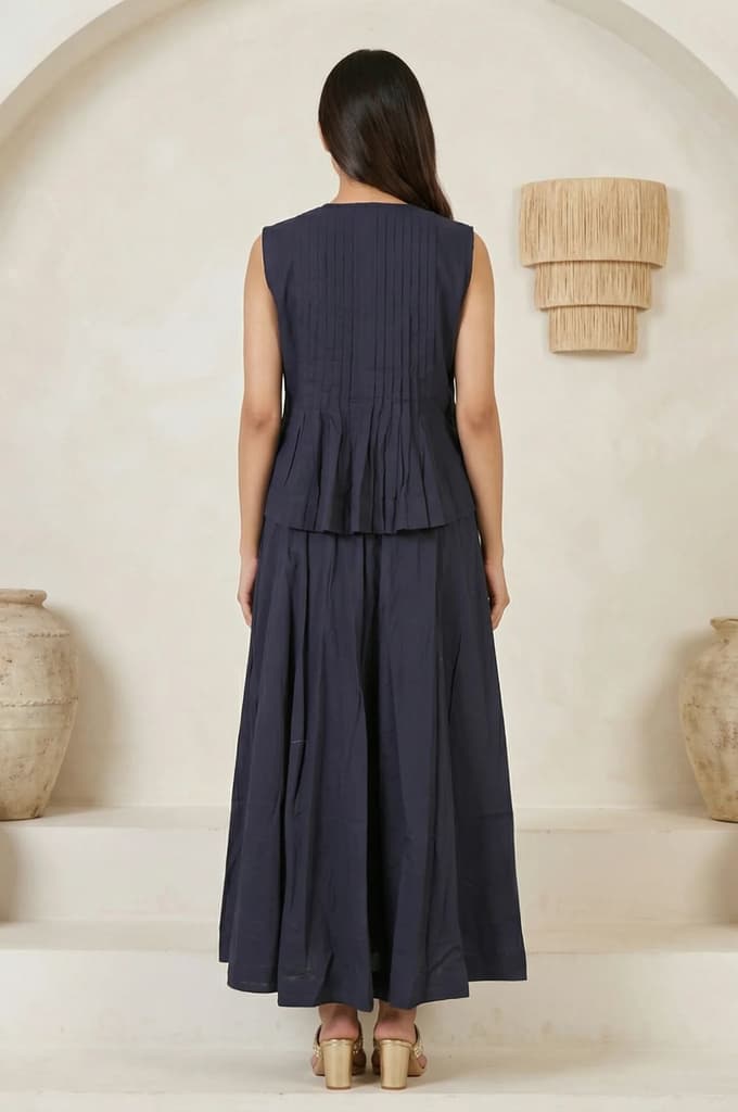 Navy Blue Solid Tassel Pure Cotton Pleated Top with Skirt Set — photo 4