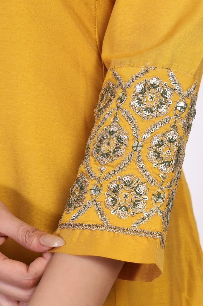 Mustard Embroidered A-Line Rayon Kurta — photo 7