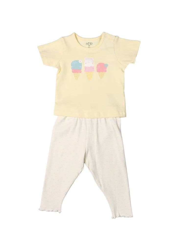 HOP Baby Girls Yellow Printed Cotton T-Shirt and Pants Set — photo 2