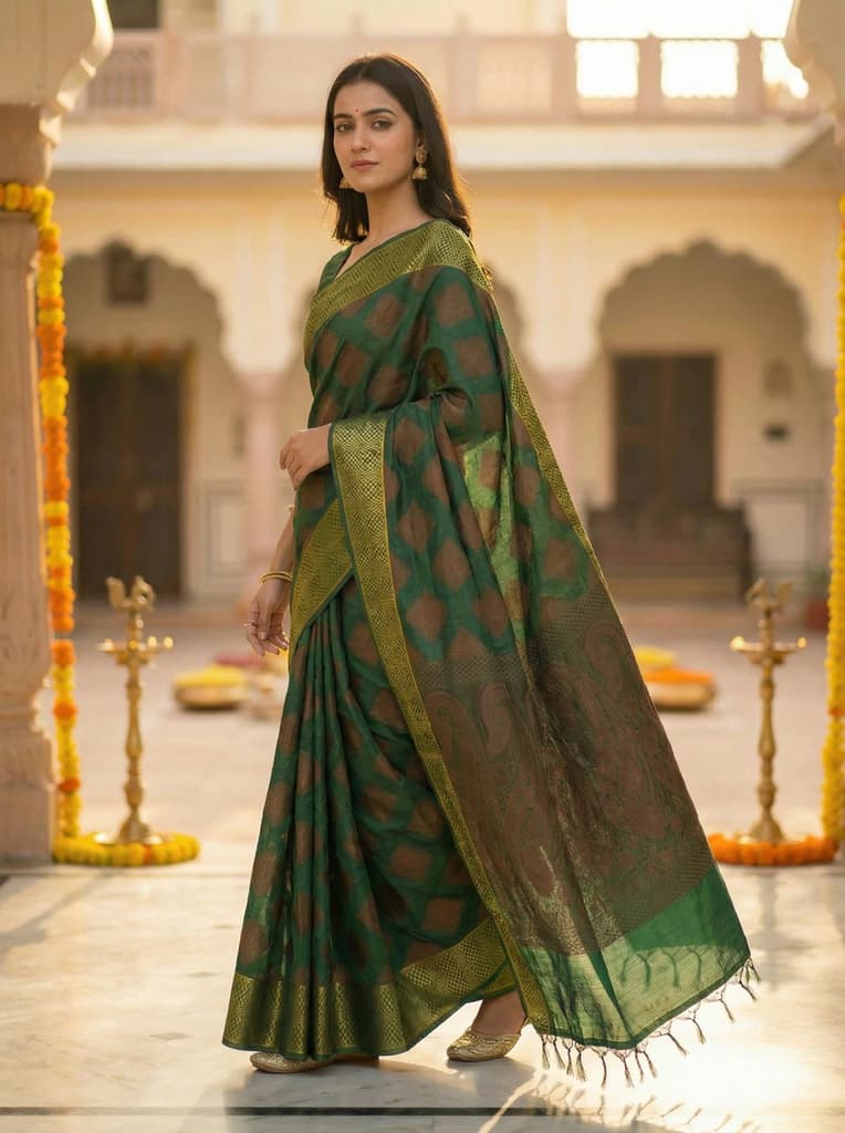 MIMOSA Women's Woven Design Banarasi Style Raw Silk Saree with Blouse Piece - Green ( SA00003130GRNFREE ) — photo 3