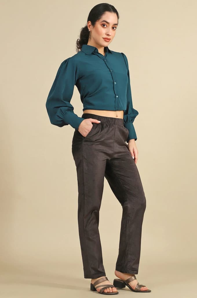 Grey Solid Straight Pants