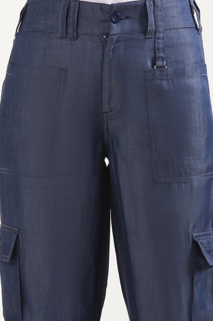 Blue Solid Straight Fit Lyocell Pants With Six Pockets — photo 6