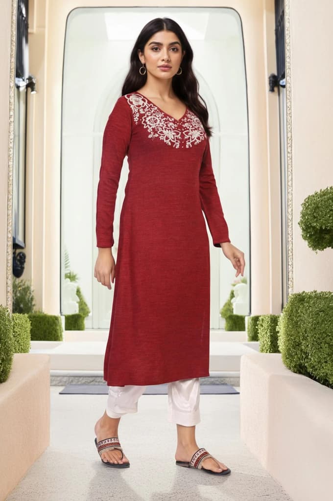 Maroon Embroidered A-Line Acrylic Winter Kurta — photo 4