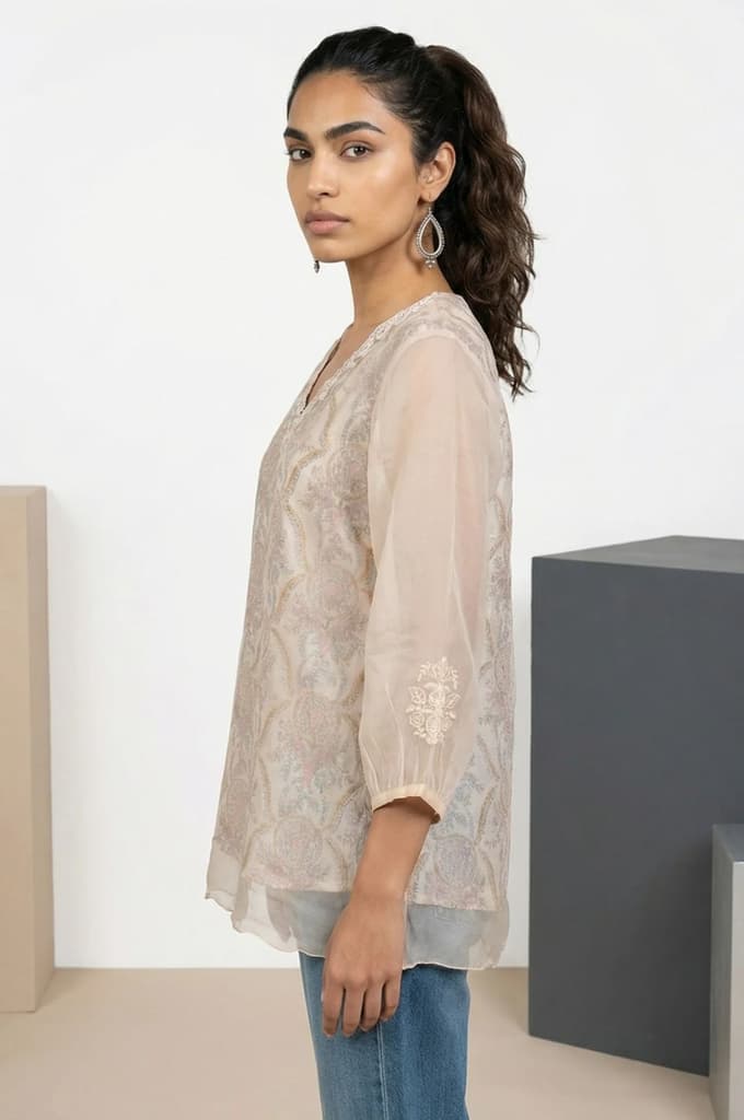 Cream Floral Printed Lace Organza Straight Top with Printed Slip — photo 4