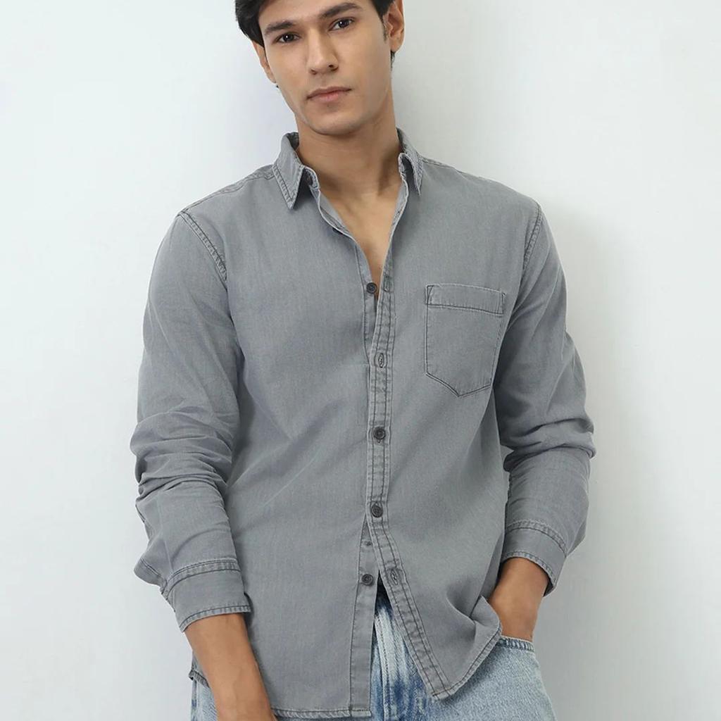 Men's Ice Grey Regular Fit Full Sleeve Solid Denim Shirt